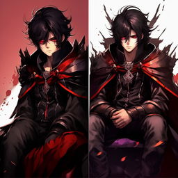 Revise the anime male protagonist image by giving him a less sharp chin, while keeping the black hair with red strip, red and purple eyes, kind yet sharp look and smirking expression, the black fantasy anime cloak with red border edges and his posture of being seated on a throne.