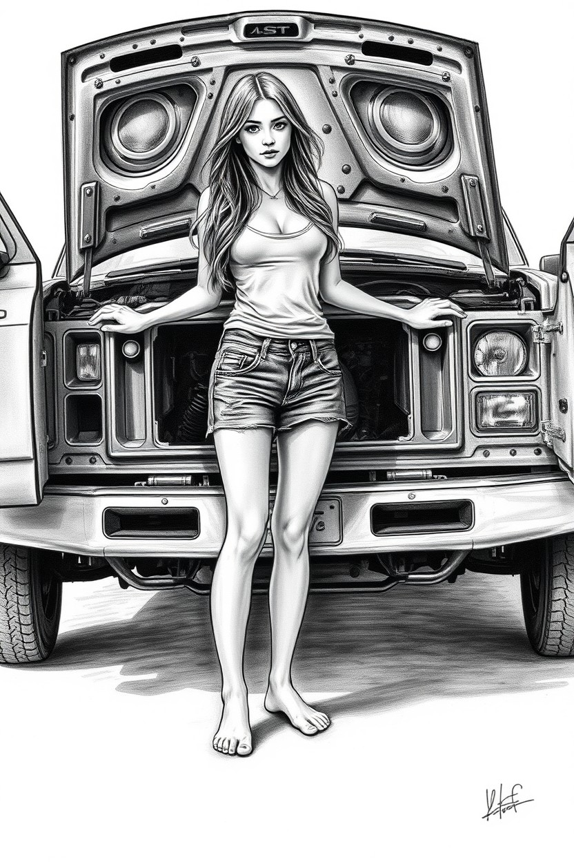 A highly detailed black and white charcoal sketch illustration depicting a young woman with long hair standing barefoot in full length