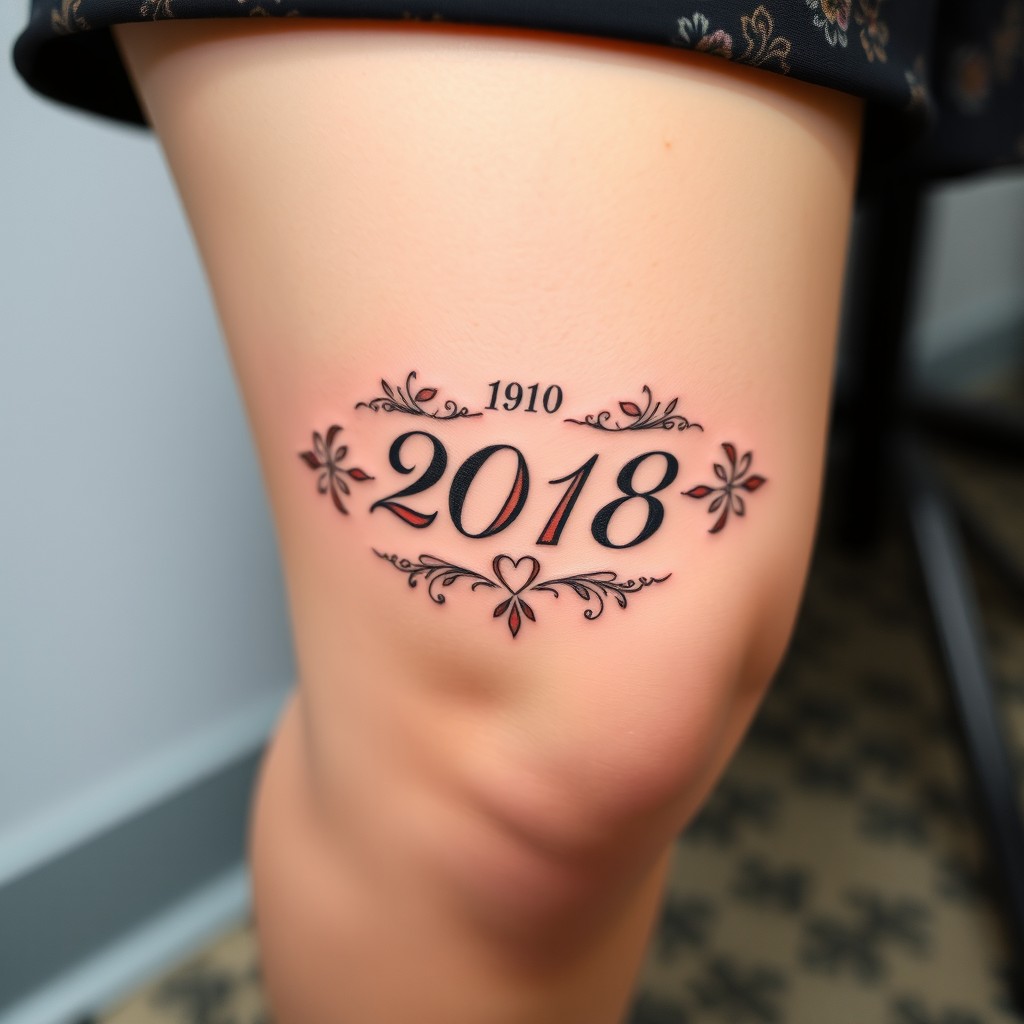 A beautifully designed tattoo of a significant date above the knee, featuring elegant script and decorative elements such as floral patterns or geometric shapes