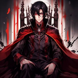 Revise the anime male protagonist image by giving him a less sharp chin, while keeping the black hair with red strip, red and purple eyes, kind yet sharp look and smirking expression, the black fantasy anime cloak with red border edges and his posture of being seated on a throne.