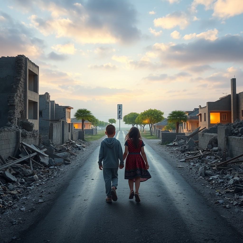 A poignant scene depicting a Palestinian boy and girl walking along a long, damaged road