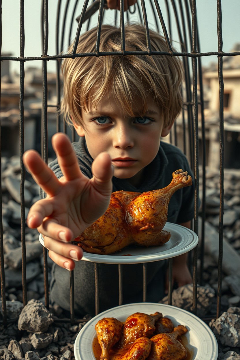 A heartbreaking scene depicting a 7-year-old Palestinian boy with slightly blond hair, trapped in a cage that barely fits him, surrounded by destroyed houses