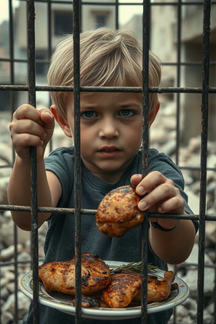 A poignant scene of a 7-year-old Palestinian boy with slightly blond hair, confined in a cage that barely accommodates him, amidst ruins of destroyed buildings