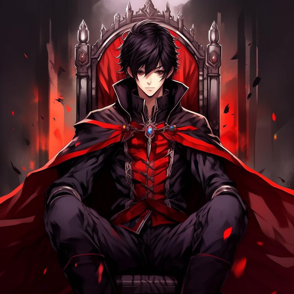 Revise the anime male protagonist image by giving him a less sharp chin, while keeping the black hair with red strip, red and purple eyes, kind yet sharp look and smirking expression, the black fantasy anime cloak with red border edges and his posture of being seated on a throne.