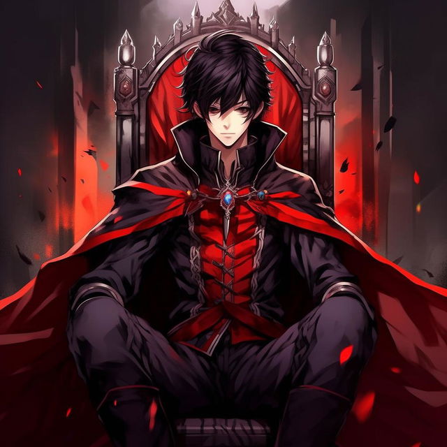 Revise the anime male protagonist image by giving him a less sharp chin, while keeping the black hair with red strip, red and purple eyes, kind yet sharp look and smirking expression, the black fantasy anime cloak with red border edges and his posture of being seated on a throne.