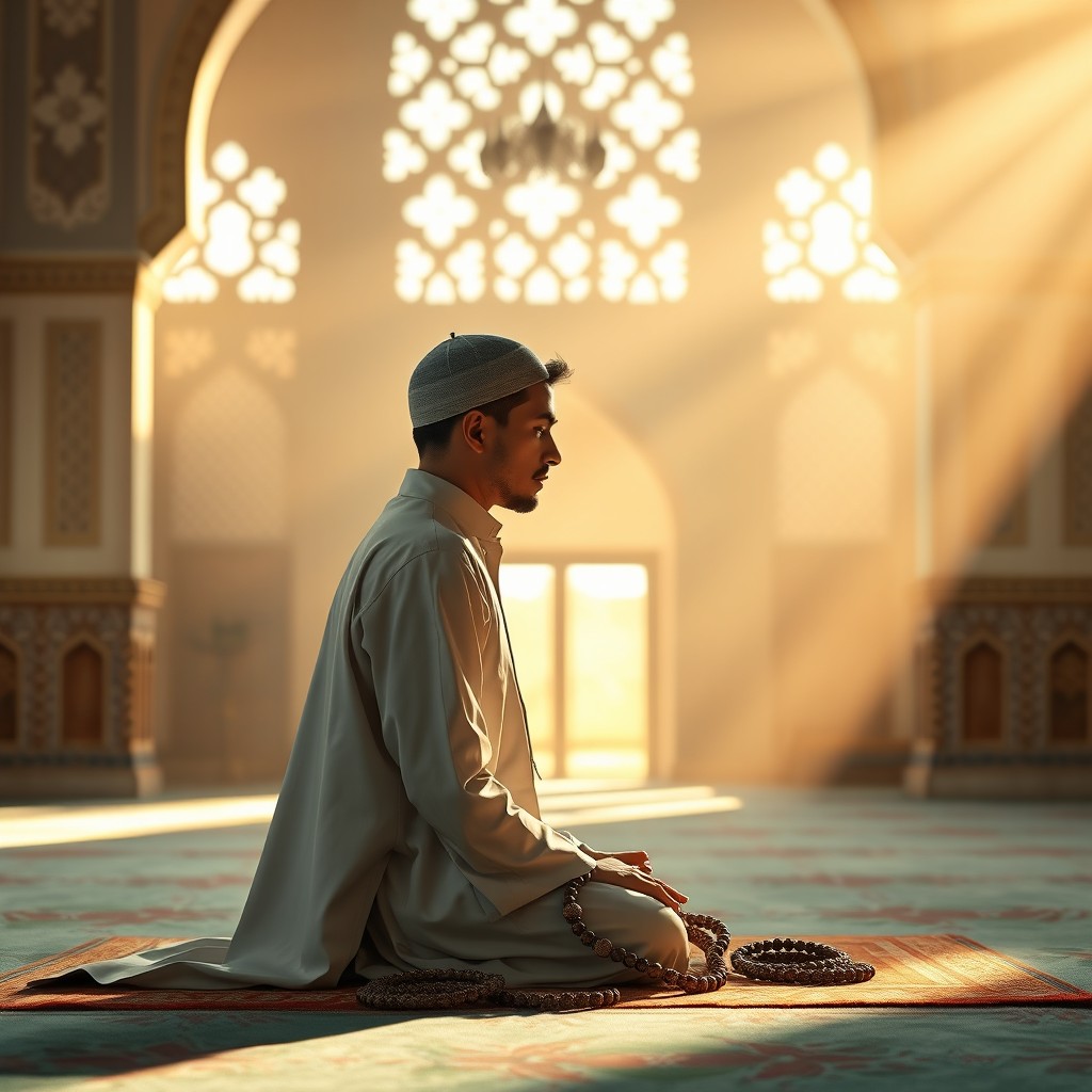 A serene and beautiful depiction of a person performing sholat (Islamic prayer) in a peaceful environment