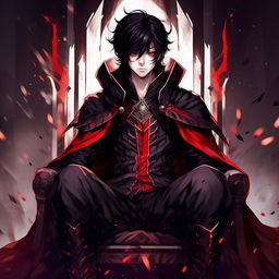 Revise the anime male protagonist image by giving him a less sharp chin, while keeping the black hair with red strip, red and purple eyes, kind yet sharp look and smirking expression, the black fantasy anime cloak with red border edges and his posture of being seated on a throne.