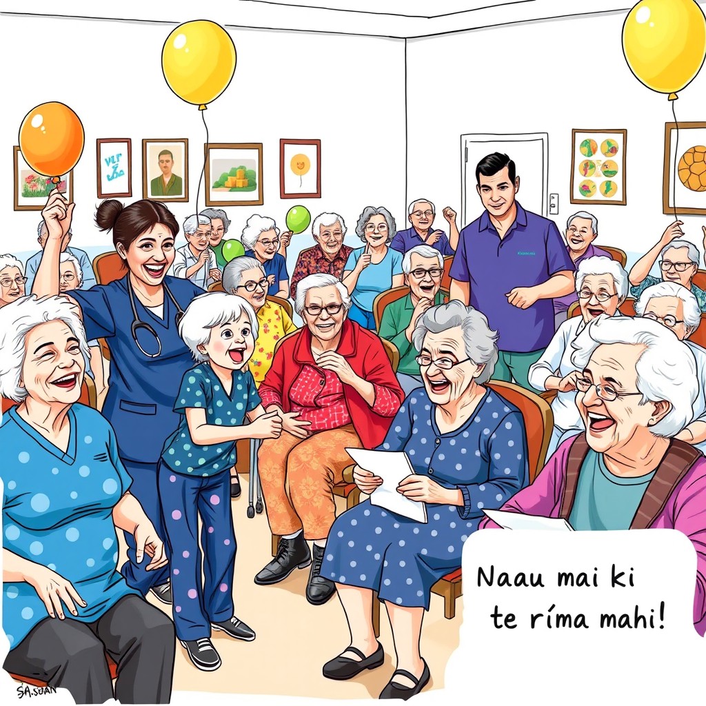 An uplifting and vibrant scene titled 'Activity Room', depicting elderly residents engaged in various activities: some enthusiastically playing bingo, others happily participating in balloon tennis, while a group is exercising