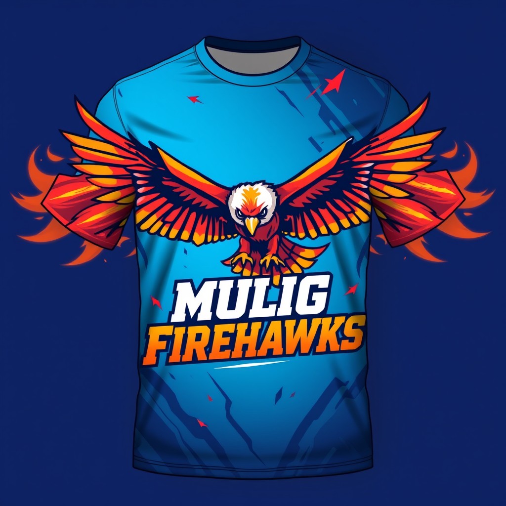 A full sublimation t-shirt design for an intramural sports team called "Mulig Firehawks"