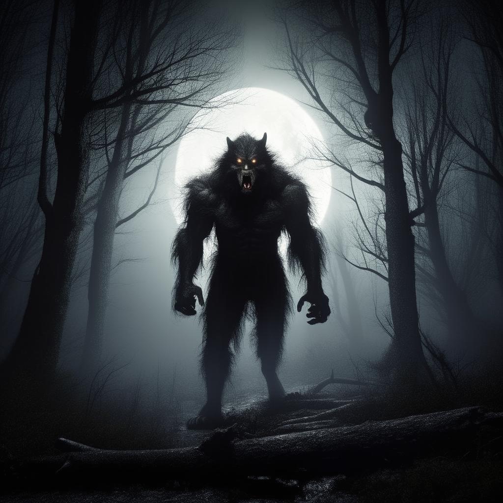 A menacing werewolf standing in a dark, misty forest, lit by the haunting glow of a full moon.