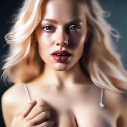 A high-quality digital art piece depicts a seductive blonde woman in a state of intense pleasure