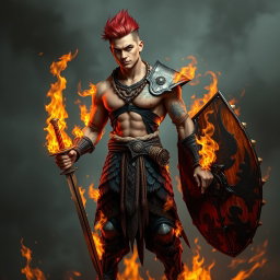 A full-length portrait of a Genasi of Fire, a medium height man approximately 30 years old