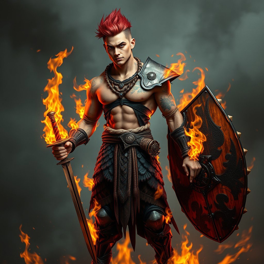 A full-length portrait of a Genasi of Fire, a medium height man approximately 30 years old