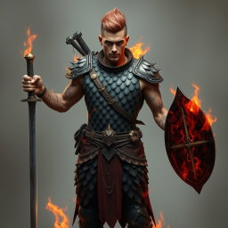 A full-length portrait of a Genasi of Fire, a medium height man approximately 30 years old