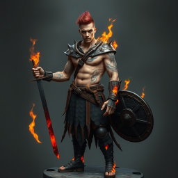 A full-length portrait of a Genasi of Fire, a medium height man approximately 30 years old