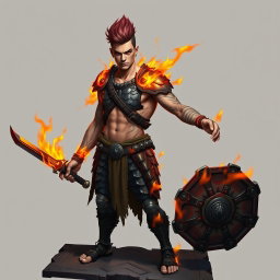 A full-length portrait of a Genasi of Fire, a medium height man approximately 30 years old
