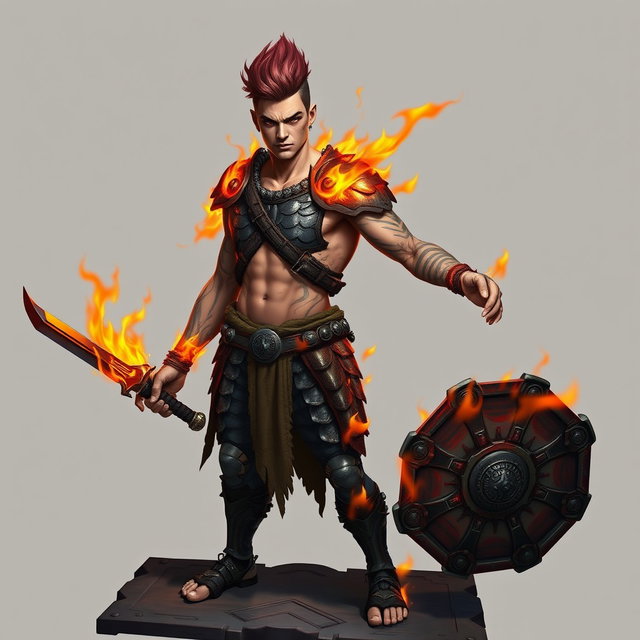 A full-length portrait of a Genasi of Fire, a medium height man approximately 30 years old