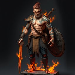 A full-length portrait of a Genasi of Fire, a medium height man around 30 years old, demonstrating a strong and fierce appearance