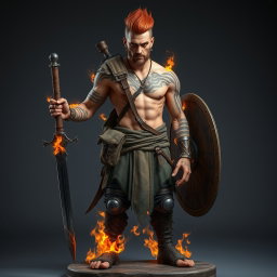 A full-length portrait of a Genasi of Fire, a medium height man around 30 years old, demonstrating a strong and fierce appearance