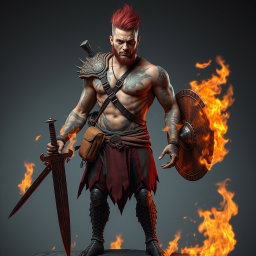 A full-length portrait of a Genasi of Fire, a medium height man around 30 years old, demonstrating a strong and fierce appearance