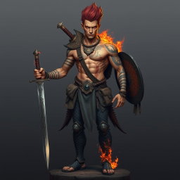 A full-length portrait of a Genasi of Fire, a medium height man around 30 years old, demonstrating a strong and fierce appearance