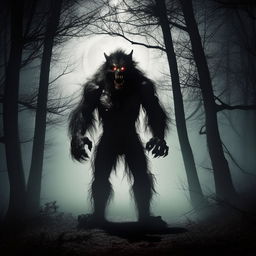 A menacing werewolf standing in a dark, misty forest, lit by the haunting glow of a full moon.