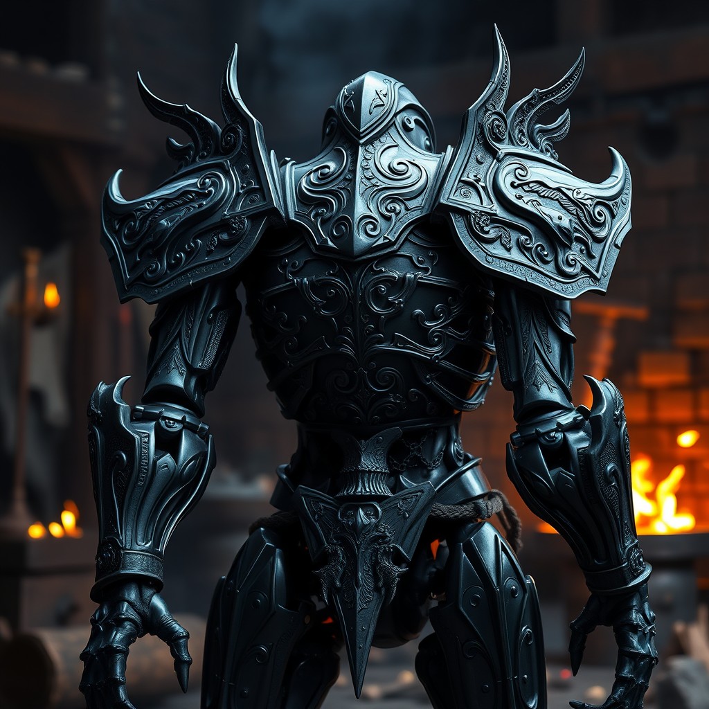 A black steel exoskeleton, showcasing intricate designs that highlight its previous construction