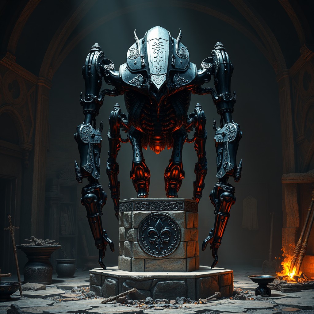 A majestic black steel exoskeleton standing tall on a stone pedestal, fully upright in a full growth position, showcasing its intricate design