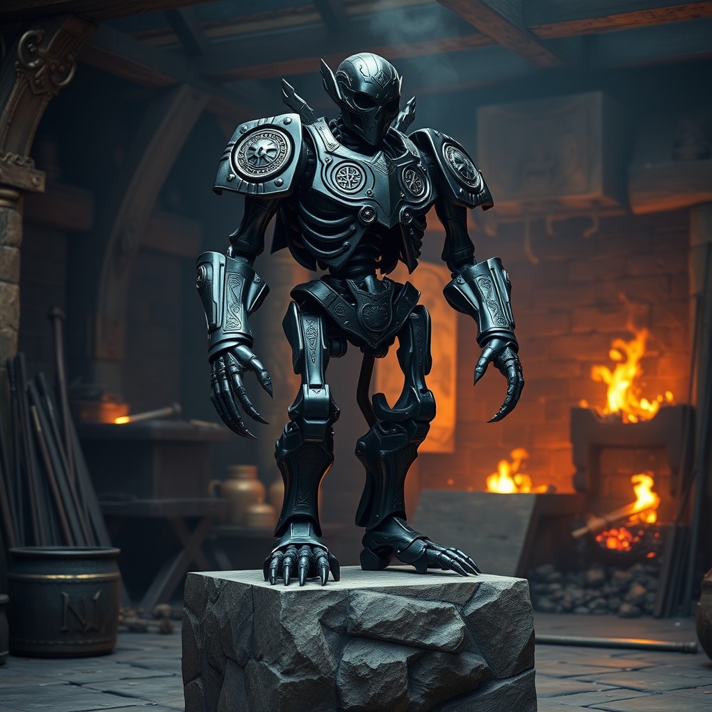 A striking black steel exoskeleton standing proudly on a stone pedestal, fully upright in an impressive full growth stance