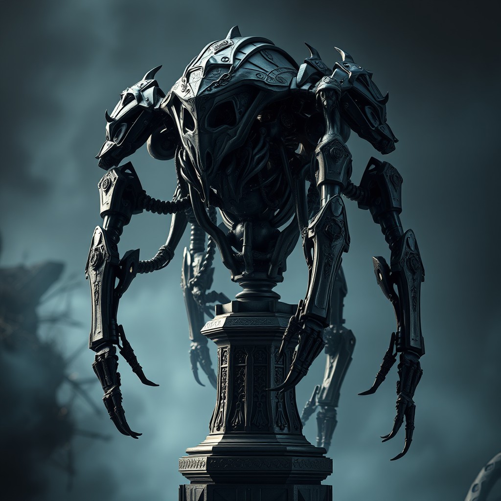 An awe-inspiring black exoskeleton crafted from steel, showcasing detailed engravings and a design that hints at its origins as a former construct
