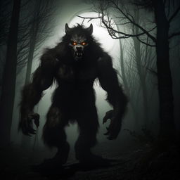 A menacing werewolf standing in a dark, misty forest, lit by the haunting glow of a full moon.