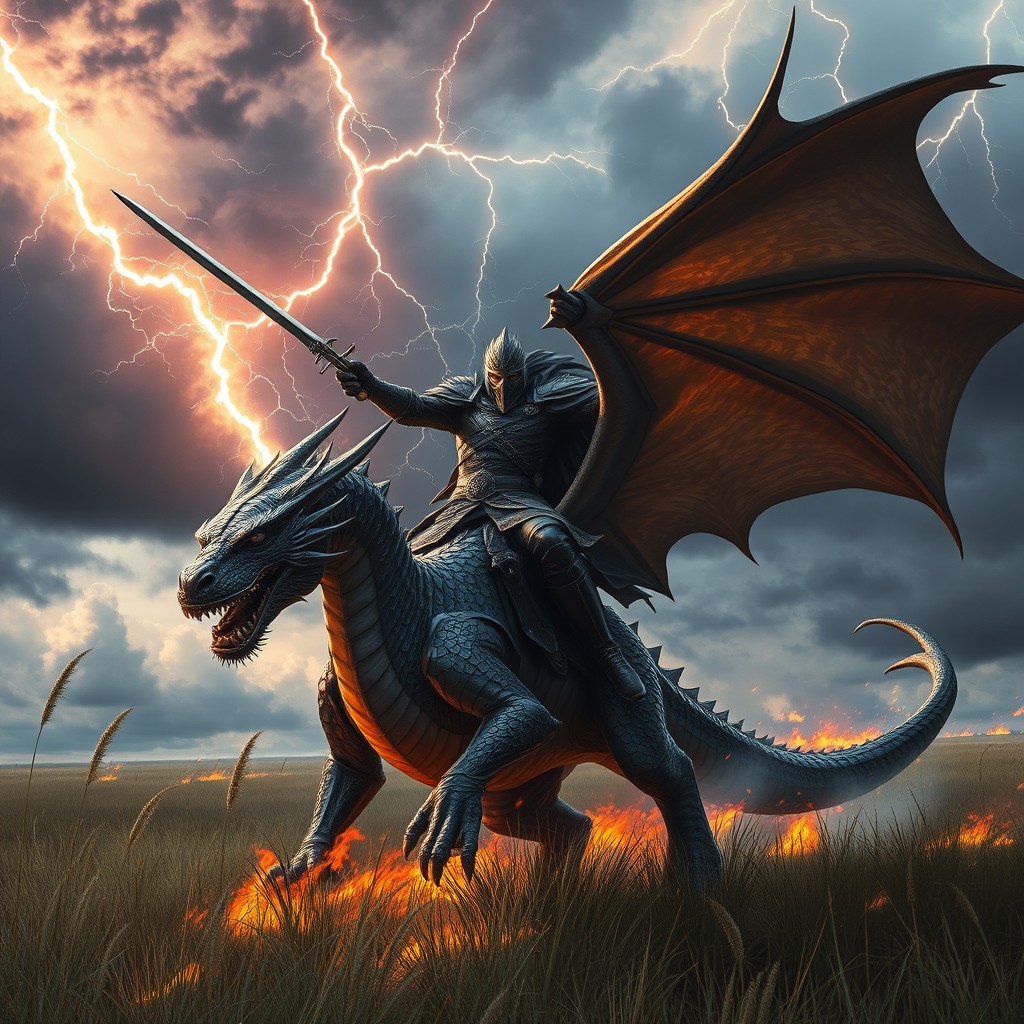 A dramatic battle scene featuring a powerful black soldier clad in ornate armor, valiantly wielding a sword while riding a fierce dragon