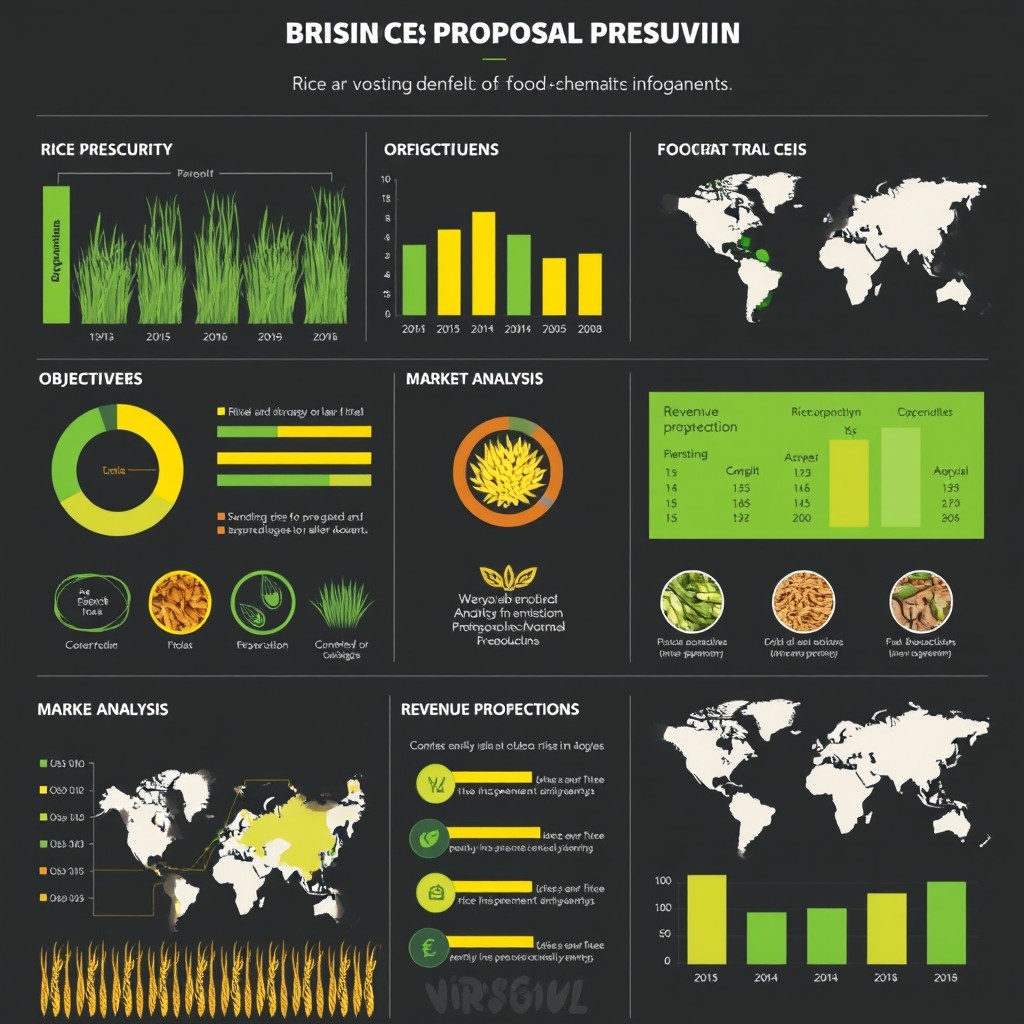 A comprehensive visual infographic showcasing a business proposal analysis for a rice procurement business, highlighting aspects of food security thematic investments