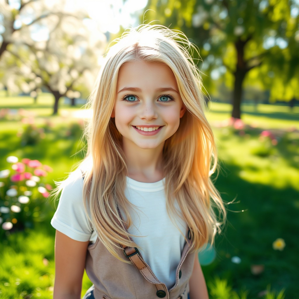 A cute young blonde woman with a cheerful expression, wearing a stylish outfit that emphasizes her playful personality