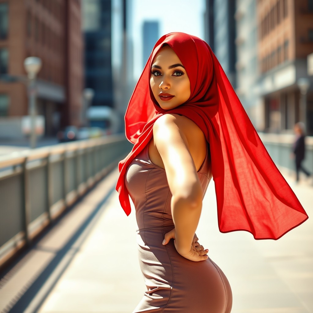 A confident woman wearing a vibrant hijab, gracefully posing with a stylish outfit that accentuates her curves, in an urban setting