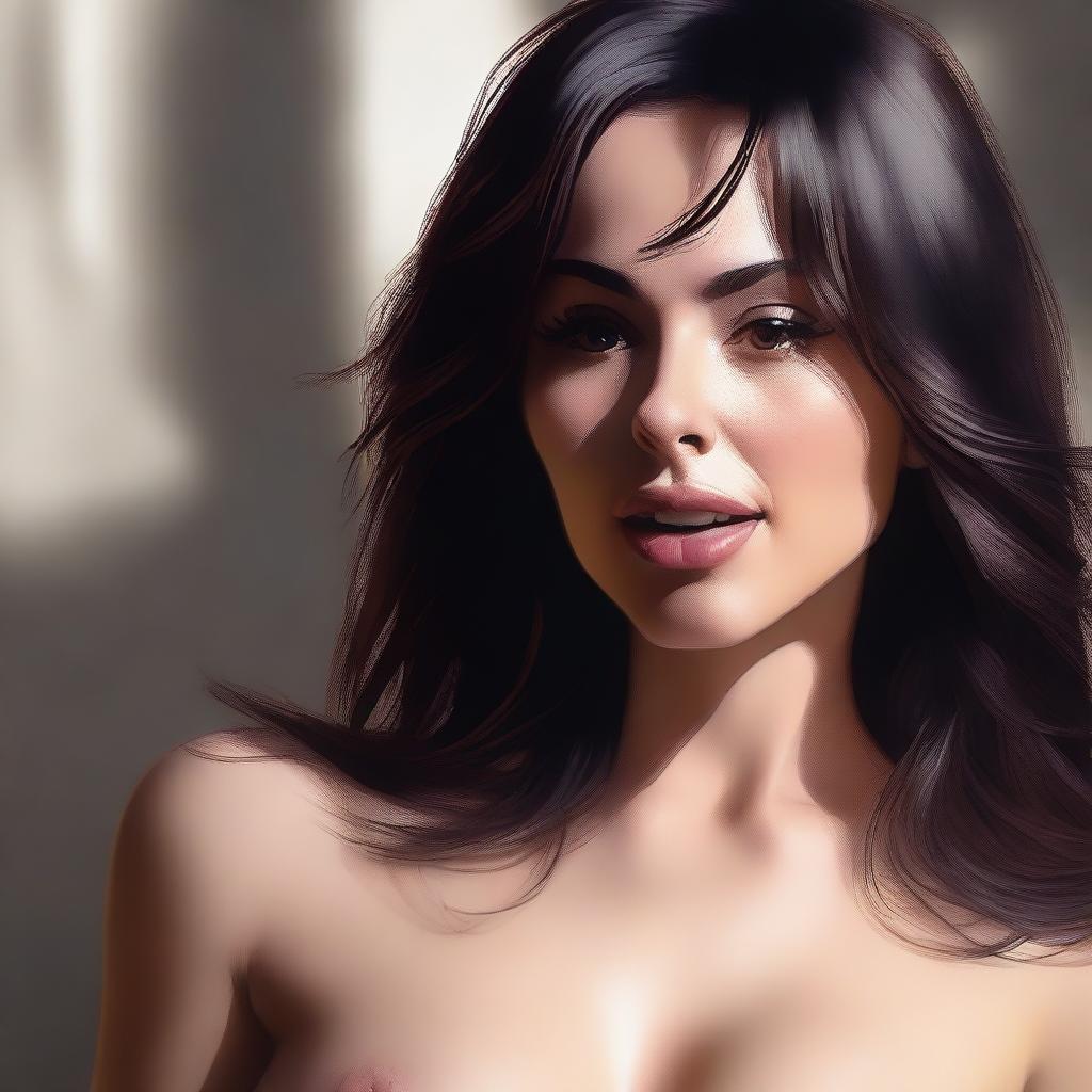 A high-quality digital art piece portrays a seductive brunette woman in a state of intense pleasure