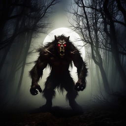 A menacing werewolf standing in a dark, misty forest, lit by the haunting glow of a full moon.