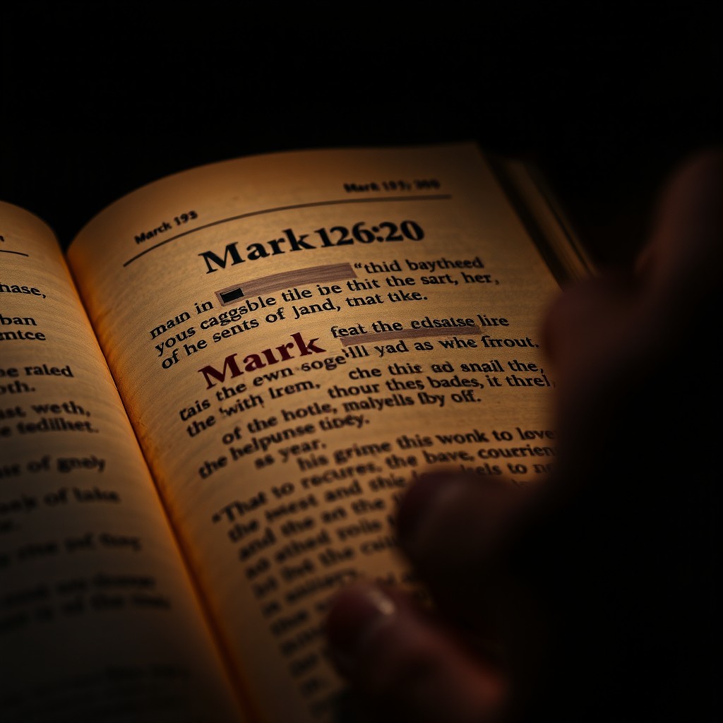 A captivating close-up shot of an ancient manuscript featuring the specific text 'Mark 16:9-20' highlighted or illuminated