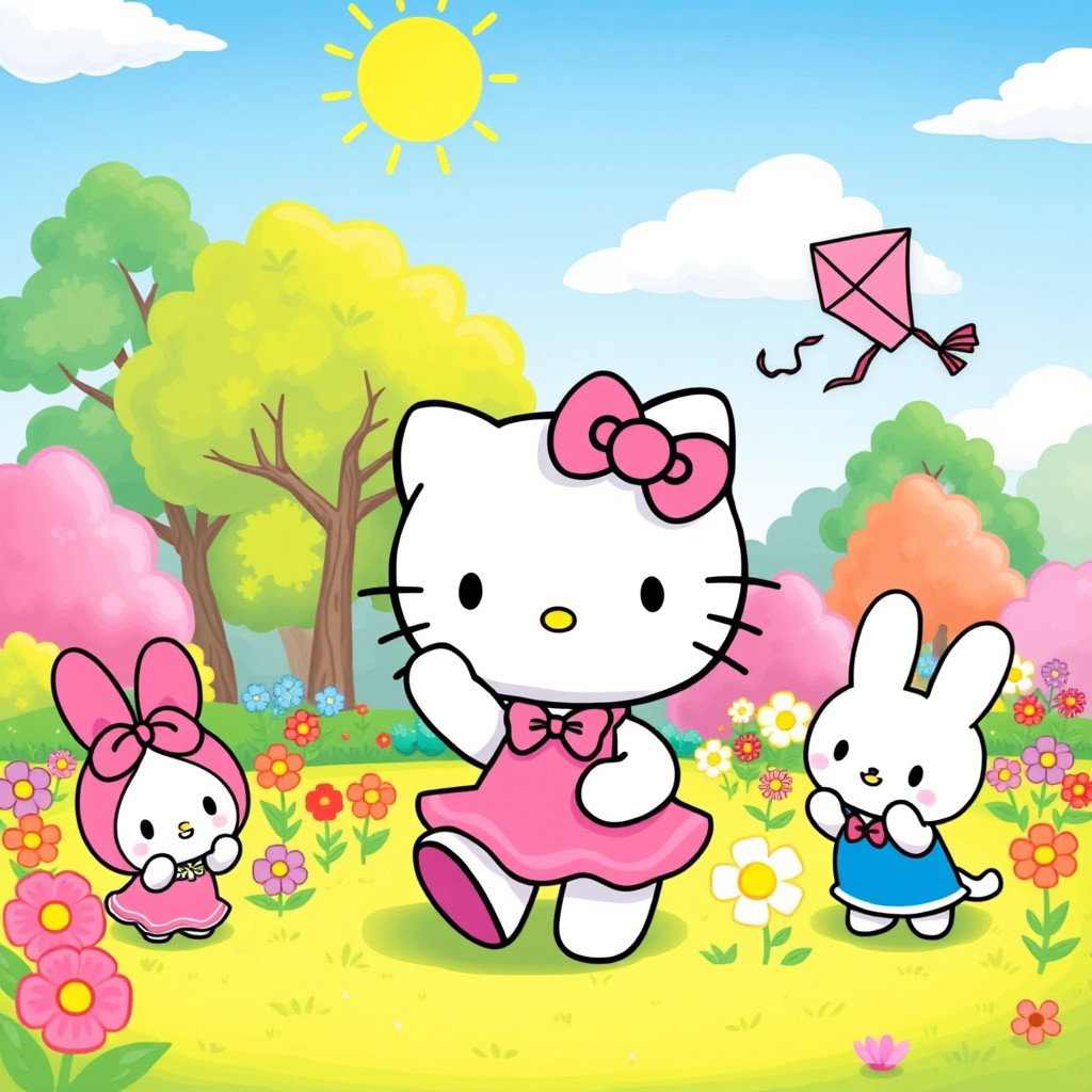 Hello Kitty joyfully playing with her friends in a vibrant park setting