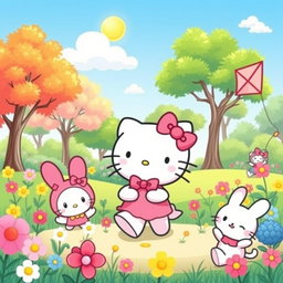 Hello Kitty joyfully playing with her friends in a vibrant park setting