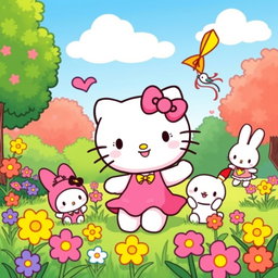 Hello Kitty joyfully playing with her friends in a vibrant park setting
