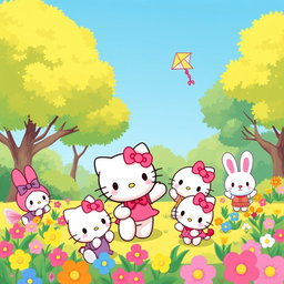 Hello Kitty joyfully playing with her friends in a vibrant park setting