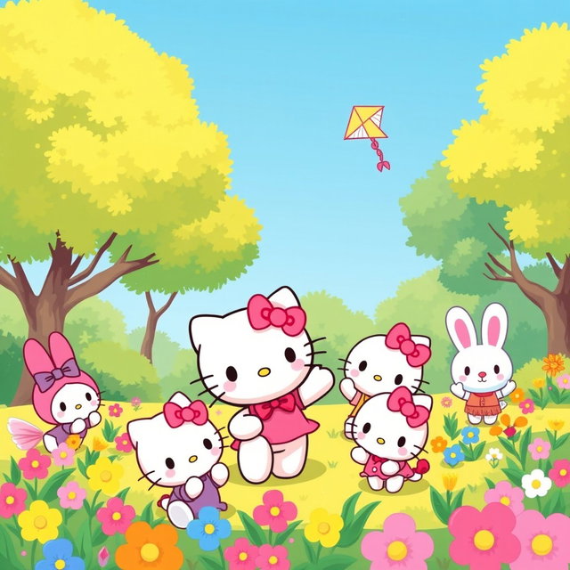 Hello Kitty joyfully playing with her friends in a vibrant park setting