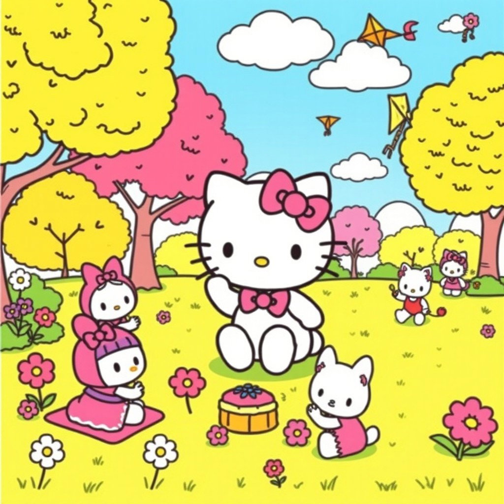 A delightful illustration for coloring featuring Hello Kitty enjoying a playful day with her friends in a sunny park