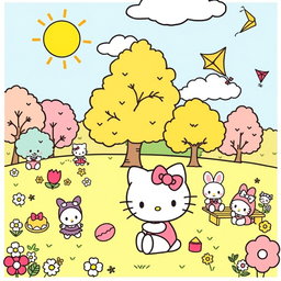 A delightful illustration for coloring featuring Hello Kitty enjoying a playful day with her friends in a sunny park