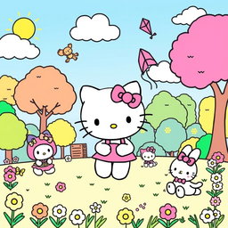 A delightful illustration for coloring featuring Hello Kitty enjoying a playful day with her friends in a sunny park