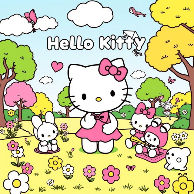 A delightful illustration for coloring featuring Hello Kitty enjoying a playful day with her friends in a sunny park