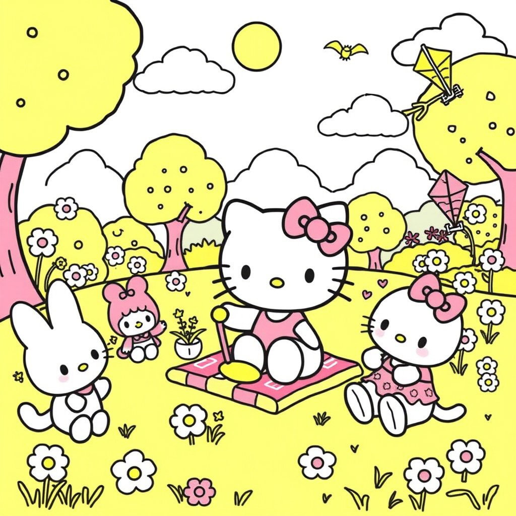 A charming coloring page illustration featuring Hello Kitty joyfully playing with her friends in a vibrant park scene
