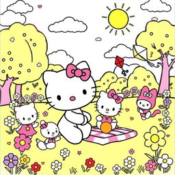 A charming coloring page illustration featuring Hello Kitty joyfully playing with her friends in a vibrant park scene