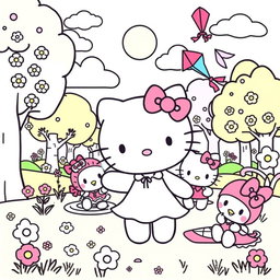 A charming coloring page illustration featuring Hello Kitty joyfully playing with her friends in a vibrant park scene